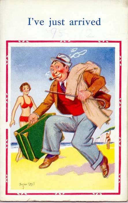 Framed Print : Comic postcard, Man with suitcase on the beach Framed Print : Comic postcard, Man with suitcase on the beach