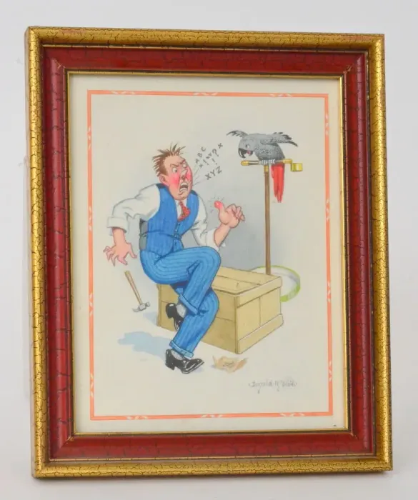 Framed Print : Comic postcard, Man swearing in front of parrot Framed Print : Comic postcard, Man swearing in front of parrot
