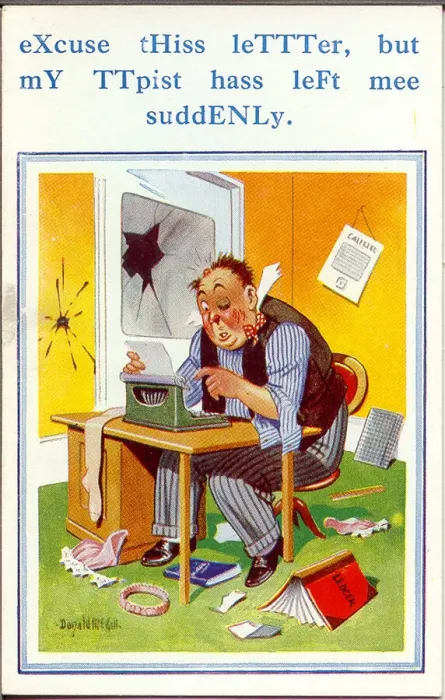 Framed Print : Comic postcard, Man trying to type a letter Framed Print : Comic postcard, Man trying to type a letter