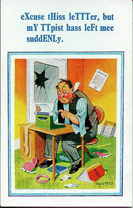 : Comic postcard, Man trying to type a letter Date: 20th century : Comic postcard, Man trying to type a letter Date: 20th century