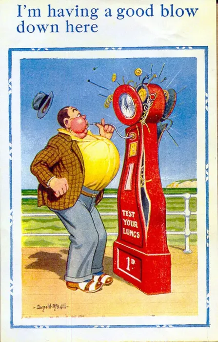 Framed Print : Comic postcard, Man uses lung testing machine at the seaside Date: 20th century Framed Print : Comic postcard, Man uses lung testing machine at the seaside Date: 20th century