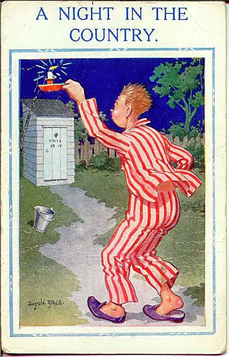 : Comic postcard, Man visiting outdoor toilet : Comic postcard, Man visiting outdoor toilet