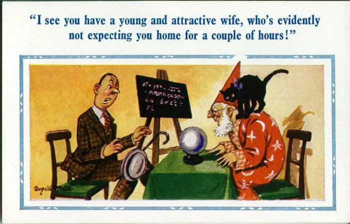 Framed Print : Comic postcard, Man visits fortune teller Date: 20th century Framed Print : Comic postcard, Man visits fortune teller Date: 20th century