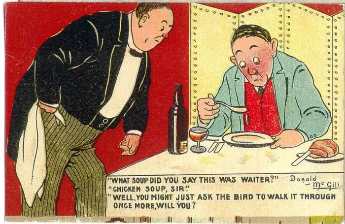 Framed Print : Comic postcard, Man and waiter in restaurant - chicken soup? Date: 20th century Framed Print : Comic postcard, Man and waiter in restaurant - chicken soup? Date: 20th century