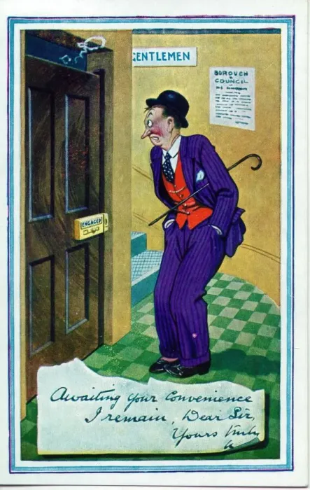 Framed Print : Comic postcard, Man waiting for the public toilet Date: 20th century Framed Print : Comic postcard, Man waiting for the public toilet Date: 20th century
