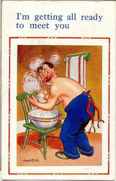 Comic postcard, Man washing in a bowl Date: 20th century