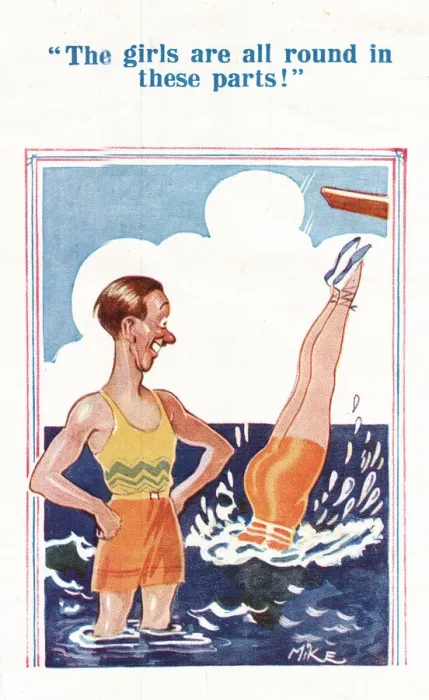 Framed Print : Comic postcard, Man watching woman dive into the sea Date: 20th century Framed Print : Comic postcard, Man watching woman dive into the sea Date: 20th century