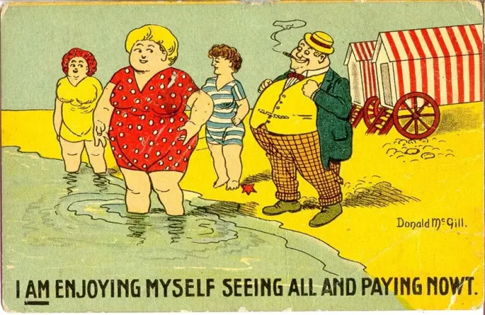 Framed Print : Comic postcard, Man watching women at the seaside Date: 20th century Framed Print : Comic postcard, Man watching women at the seaside Date: 20th century
