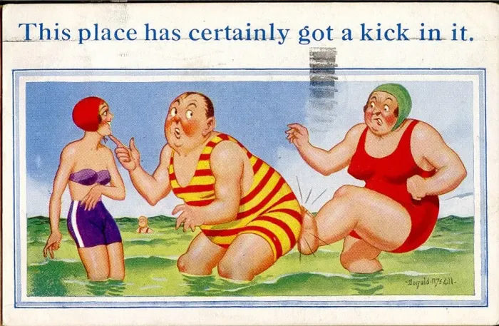 Framed Print : Comic postcard, Man, wife and pretty woman paddling in the sea Date: 20th century