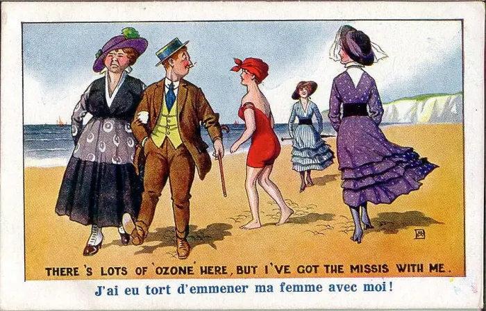 Framed Print : Comic postcard, Man and wife at the seaside, walking along the beach. Date: early 20th century Framed Print : Comic postcard, Man and wife at the seaside, walking along the beach. Date: early 20th century