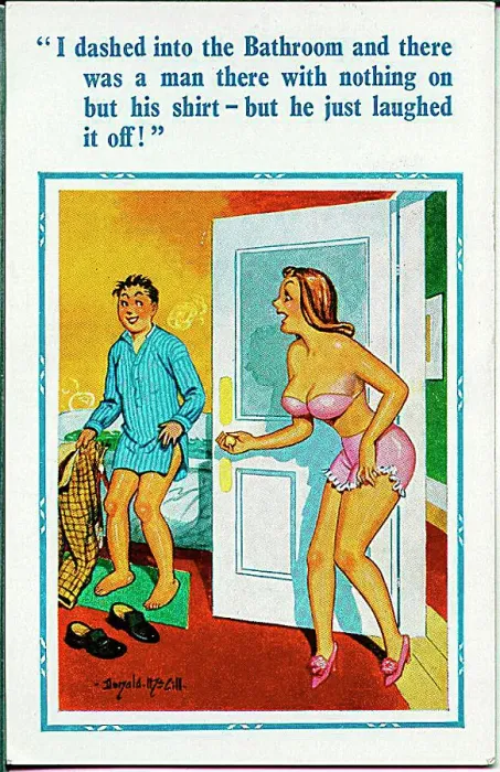 : Comic postcard, Man and woman in bathroom Date: 20th century : Comic postcard, Man and woman in bathroom Date: 20th century
