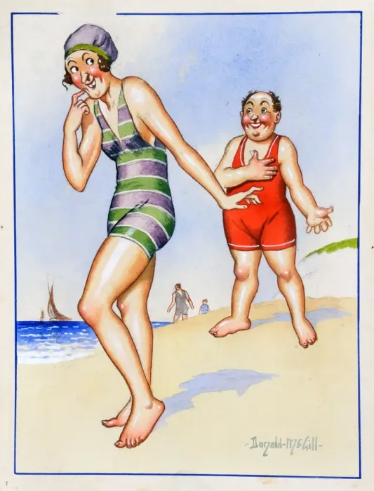 Framed Print : Comic postcard, Man and woman on the beach Date: 20th century Framed Print : Comic postcard, Man and woman on the beach Date: 20th century