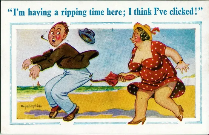 Framed Print : Comic postcard, Man and woman on the beach Date: 20th century Framed Print : Comic postcard, Man and woman on the beach Date: 20th century
