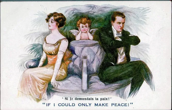 Framed Print : Comic postcard, Man, woman and Cupid - If I could only make peace! Date: early 20th century Framed Print : Comic postcard, Man, woman and Cupid - If I could only make peace! Date: early 20th century