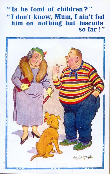 Framed Print : Comic postcard, Man, woman and dog Date: 20th century