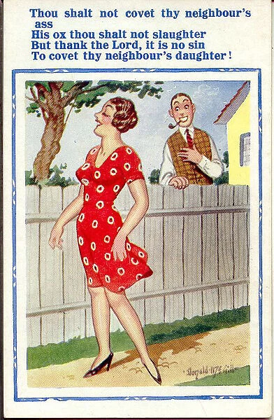 Comic postcard, Man and woman, garden fence Date: 20th century