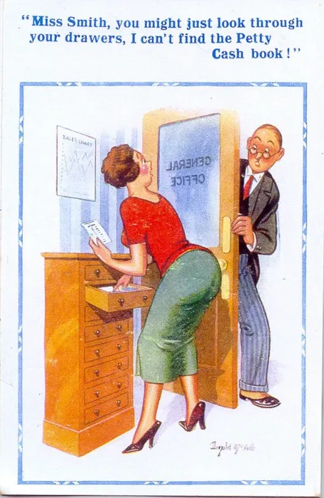 Framed Print : Comic postcard, Man and woman in office Date: 20th century Framed Print : Comic postcard, Man and woman in office Date: 20th century