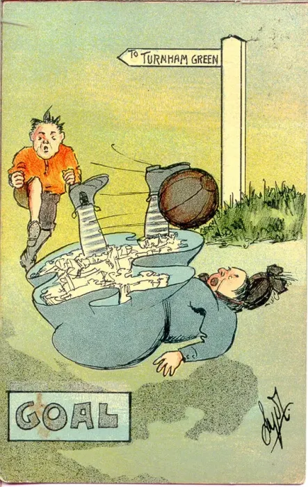 Framed Print : Comic postcard, Man and woman playing football - Goal (1 of 2) Date Framed Print : Comic postcard, Man and woman playing football - Goal (1 of 2) Date
