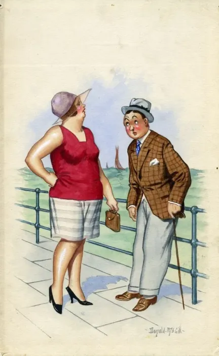 Framed Print : Comic postcard, Man and woman on the promenade Framed Print : Comic postcard, Man and woman on the promenade