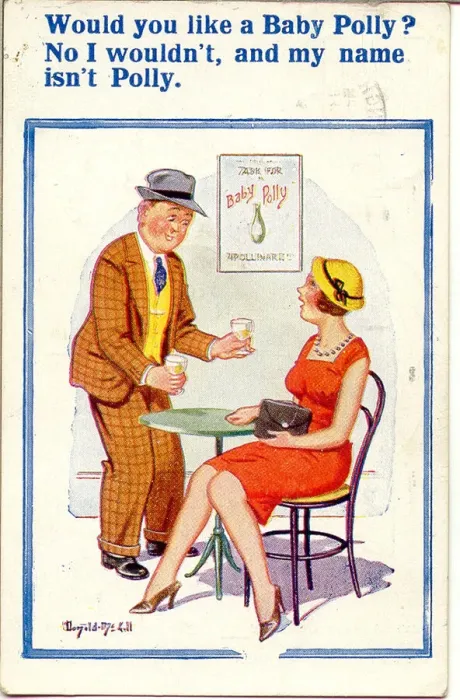 Framed Print : Comic postcard, Man and woman in a pub - Baby Polly (perhaps a hint at Babycham) Date Framed Print : Comic postcard, Man and woman in a pub - Baby Polly (perhaps a hint at Babycham) Date