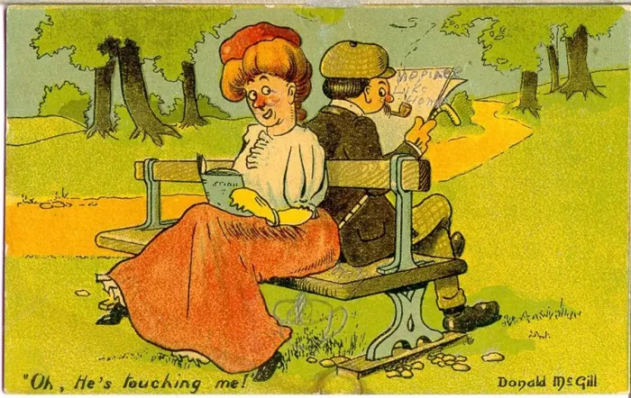 Framed Print : Comic postcard, Man and woman sitting on a bench - Oh, hes touching me Framed Print : Comic postcard, Man and woman sitting on a bench - Oh, hes touching me
