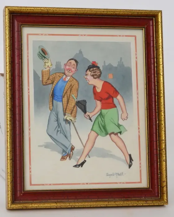 Framed Print : Comic postcard, Man and woman in the street Framed Print : Comic postcard, Man and woman in the street