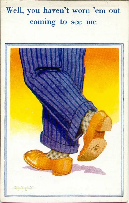 Framed Print : Comic postcard, Mans feet in worn shoes Framed Print : Comic postcard, Mans feet in worn shoes