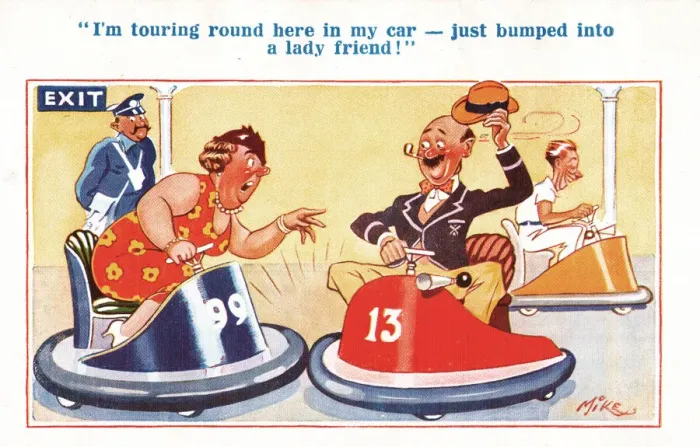 Framed Print : Comic postcard, Meeting on the dodgems Date: 20th century Framed Print : Comic postcard, Meeting on the dodgems Date: 20th century