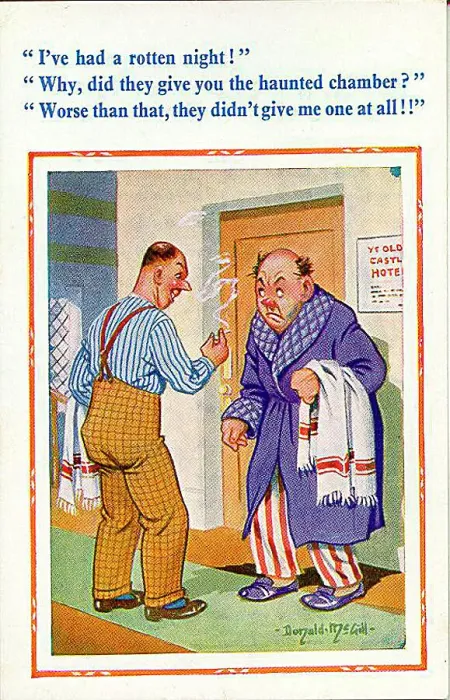 : Comic postcard, Two men chat in hotel corridor Date: 20th century : Comic postcard, Two men chat in hotel corridor Date: 20th century