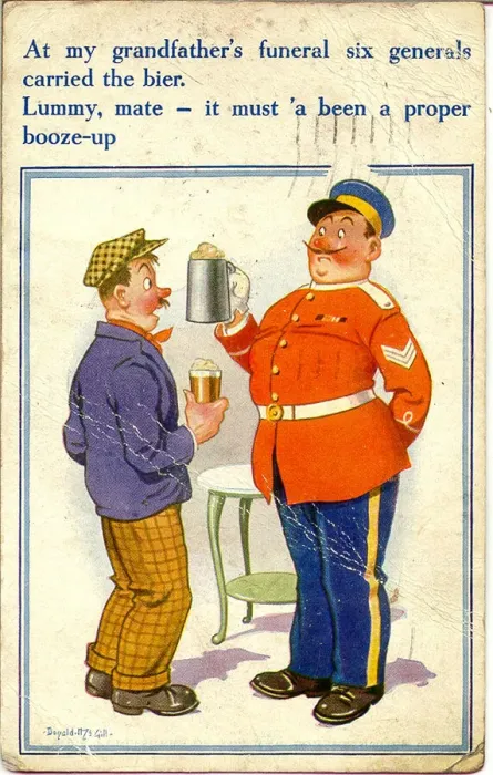 Framed Print : Comic postcard, Two men chatting at a funeral Date: 20th century Framed Print : Comic postcard, Two men chatting at a funeral Date: 20th century