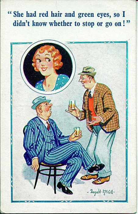 : Comic postcard, Two men chatting about a pretty young woman over a glass of beer Date: 20th century : Comic postcard, Two men chatting about a pretty young woman over a glass of beer Date: 20th century