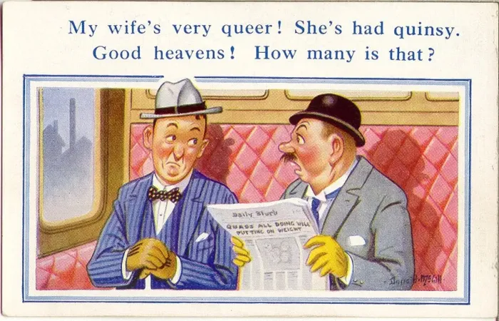 Framed Print : Comic postcard, Men chatting in train compartment Framed Print : Comic postcard, Men chatting in train compartment