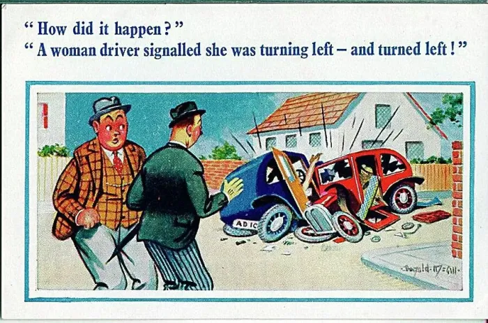 : Comic postcard, Two men discuss car crash Date: 20th century : Comic postcard, Two men discuss car crash Date: 20th century