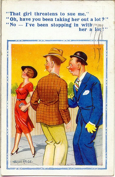 Comic postcard, Two men discuss woman walking by Date: 20th century