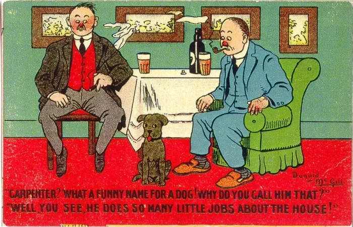 Framed Print : Comic postcard, Two men and a dog Date: 20th century Framed Print : Comic postcard, Two men and a dog Date: 20th century