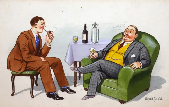 Framed Print : Comic postcard, Two men drinking and chatting Framed Print : Comic postcard, Two men drinking and chatting