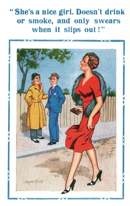 Framed Print : Comic postcard, men gossiping about young woman Date: 20th century Framed Print : Comic postcard, men gossiping about young woman Date: 20th century