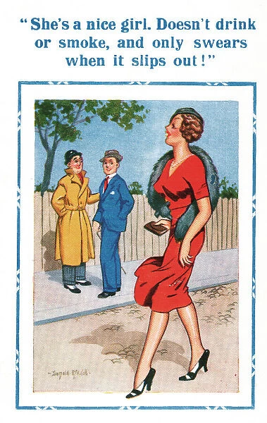 Comic postcard, men gossiping about young woman Date: 20th century