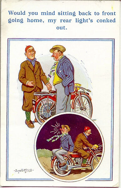 Comic postcard, Two men with motorcycle - rear light Date: 20th century