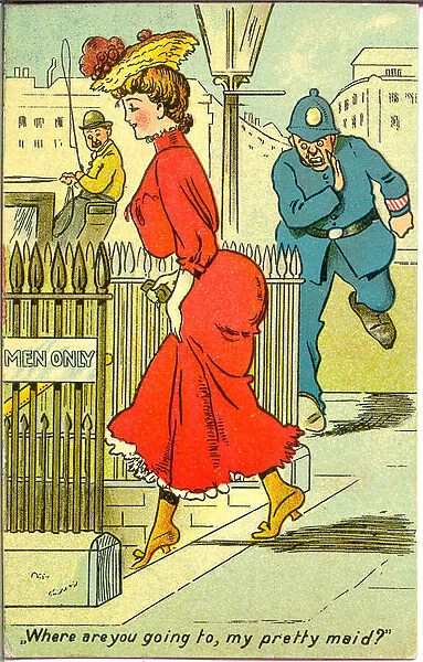 Comic postcard, Men Only toilet - Where are you going to, my pretty maid