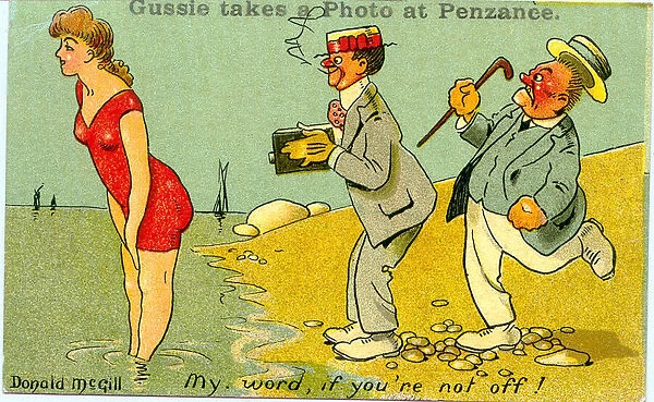 Comic postcard, Two men and a woman at the seaside
