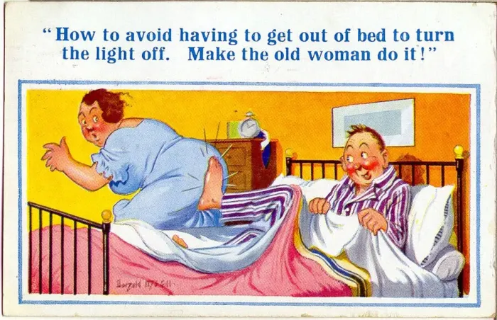 Framed Print : Comic postcard, Middle aged couple in bedroom Framed Print : Comic postcard, Middle aged couple in bedroom