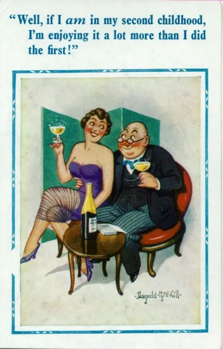 Framed Print : Comic postcard, Middle aged couple with champagne Framed Print : Comic postcard, Middle aged couple with champagne