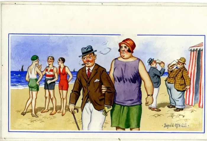 Framed Print : Comic postcard, Middle aged couple at the seaside, not having any fun Date Framed Print : Comic postcard, Middle aged couple at the seaside, not having any fun Date