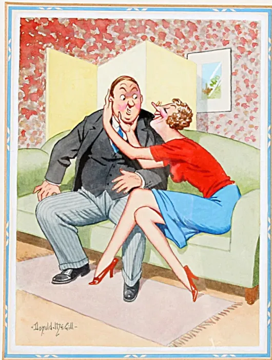 Framed Print : Comic postcard, Middle aged couple on a sofa Framed Print : Comic postcard, Middle aged couple on a sofa