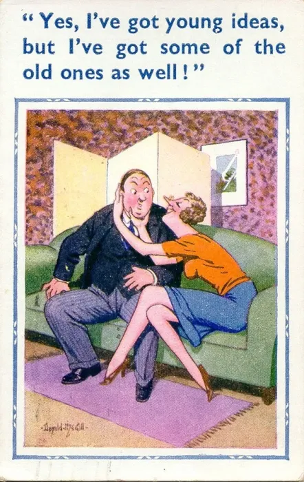 Framed Print : Comic postcard, Middle aged couple on a sofa Framed Print : Comic postcard, Middle aged couple on a sofa