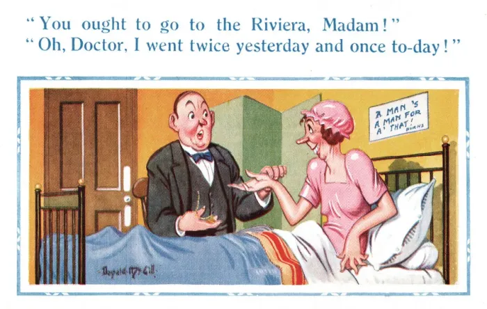 Framed Print : Comic postcard, Middle-aged spinster and doctor Date: 20th century Framed Print : Comic postcard, Middle-aged spinster and doctor Date: 20th century