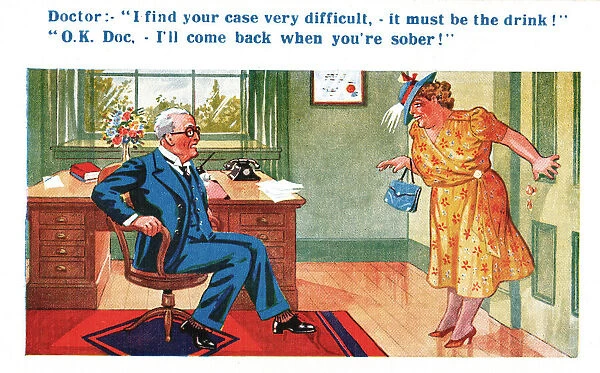 Comic postcard, Middle-aged woman and doctor - I ll come back when you re sober