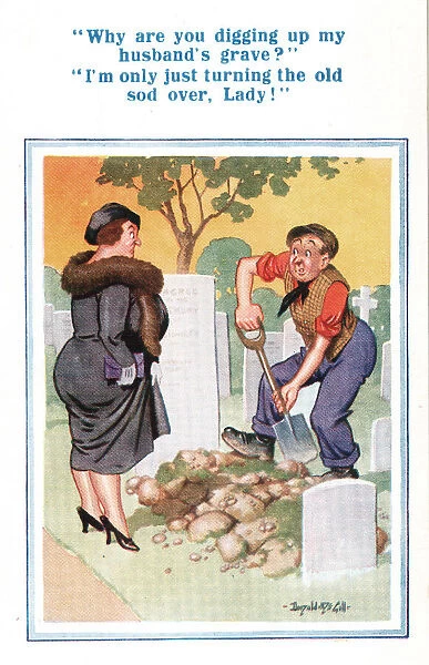 Comic postcard, Middle-aged woman and gravedigger