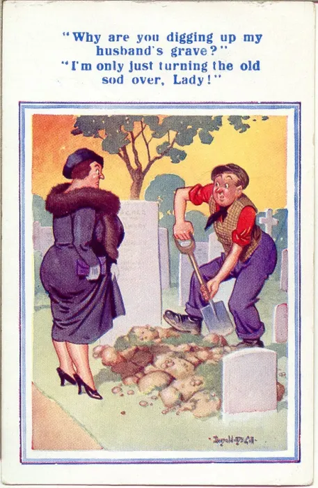Framed Print : Comic postcard, Middle-aged woman and gravedigger Date: 20th century Framed Print : Comic postcard, Middle-aged woman and gravedigger Date: 20th century